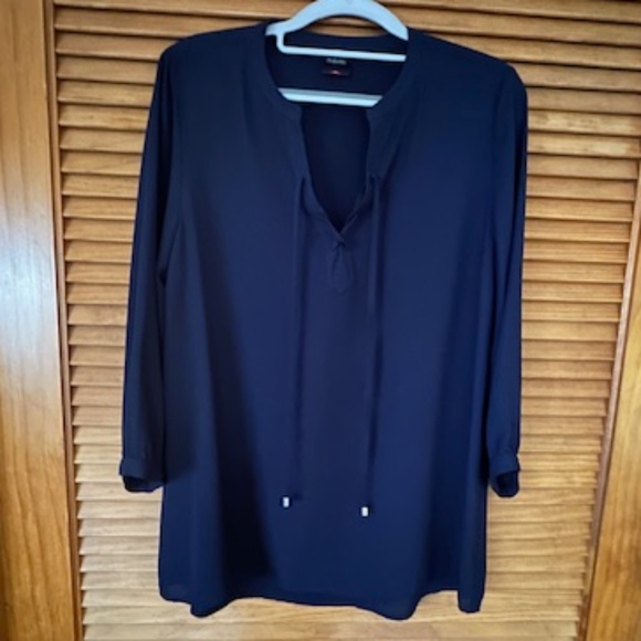 RAFAELLA NAVY 3/4 SLEEVE BOHO BLOUSE W/ TASSELS- S-M - Picture 1 of 5